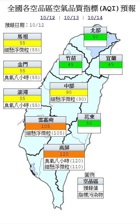 今日各地空氣品質預報概況。(圖擷取自中央氣象局)