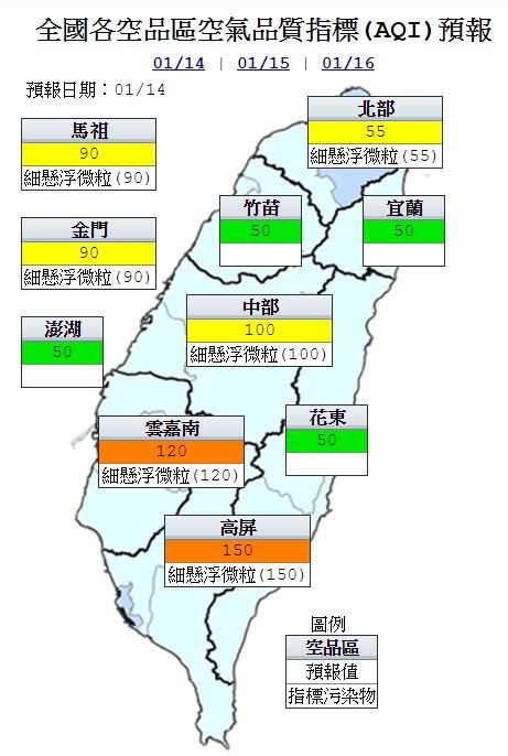 高屏及雲嘉南空品區為「橘色提醒」;北部、中部空品區及金門、馬祖為「普通」等級;竹苗、花東空品區及宜蘭、澎湖為「良好」等級。(圖擷自環保署)