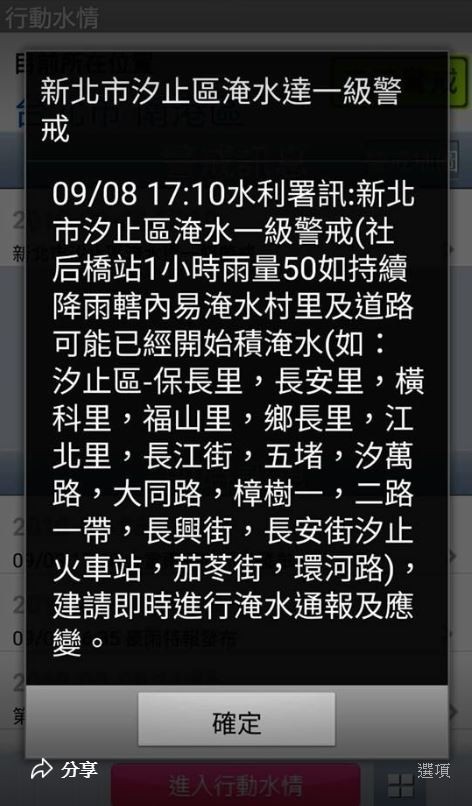 民眾表示接獲淹水警訊通知。（圖擷取自我是汐止人臉書）