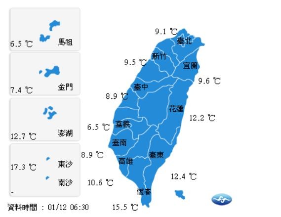 全台平地最低溫出現在新北淡水,溫度為6度,另外嘉義只有6.4度,板橋則為7度。(圖取自氣象局)