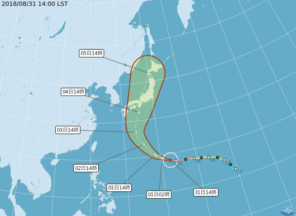 「燕子」升級強颱，在9月4日、5日時最接近日本。（圖擷自中央氣象局）