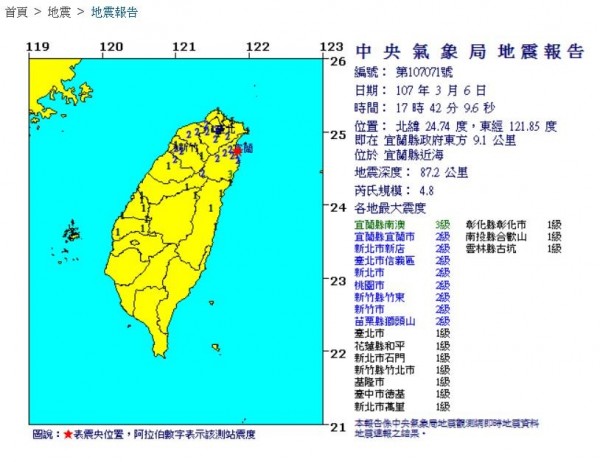 宜蘭縣近海今天下午17點42分發生規模4.8地震。(圖擷取自中央氣象局)