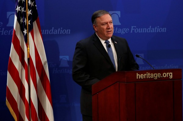 龐皮歐週一在保守派智庫「美國傳統基金會」（Heritage Foundation）發表演說時，捍衛川普退出伊核協議的決定。（路透）