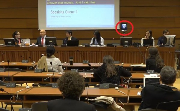 第12屆聯合國網路治理論壇（Internet Governance Forum, IGF）在日內瓦舉行，政務委員唐鳳運用數位機器人直播，突破中國打壓，成功發言。（翻攝自IGF影片）