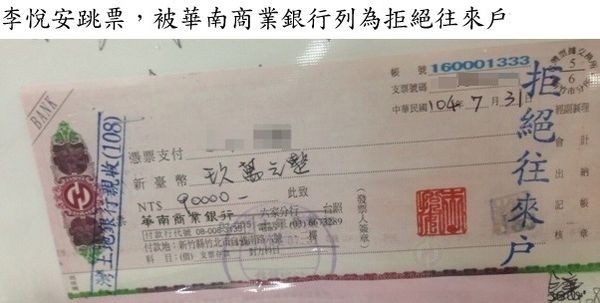 債權人在網路上公開遭張智凱妻子退票的證據。（取材自網路）