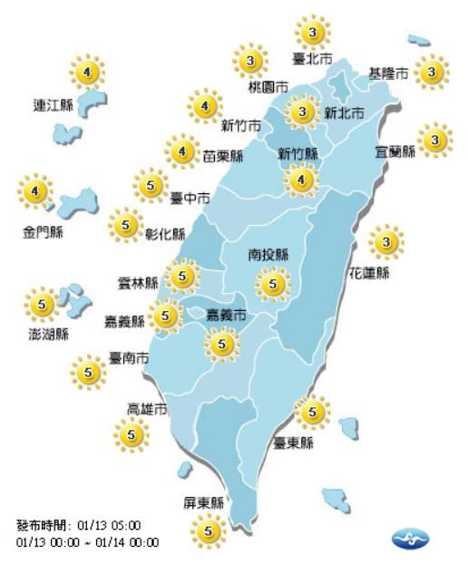 各地天氣紫外線指數。(圖取自氣象局)