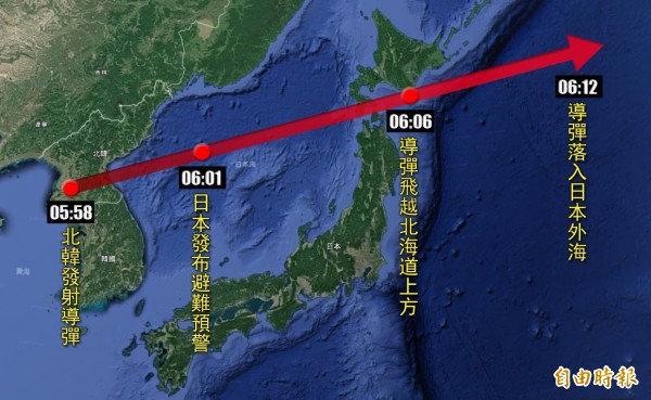 北韓今天(29日)清晨5點58分再度發射一枚導彈,並飛越日本領空。(本報製圖)