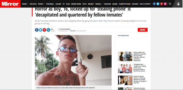 保羅的室友認為保羅身上的刺青根本就代表對敵對幫派Comando Vermelho的效忠，竟殺害並肢解他。（擷取自鏡報）