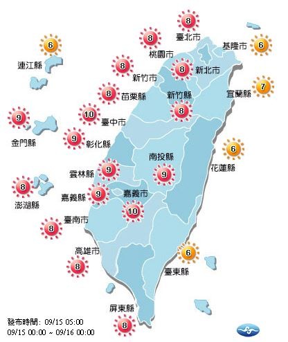 今日各地紫外線指數預報概況。（圖擷取自中央氣象局）