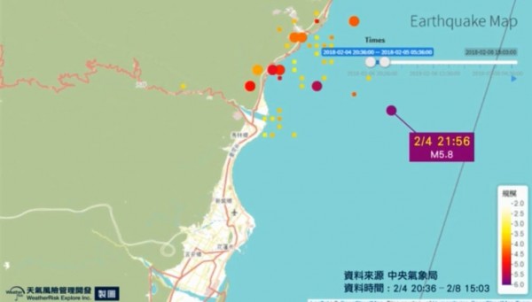 2月4日晚間9點56分發生規模5.8地震後，餘震多發生在立霧溪以北區域。（翻攝自臉書「天氣風險」）