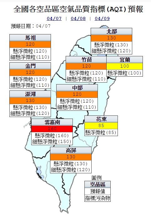 明天受到大陸冷氣團挾帶沙塵南下影響，北部、竹苗、中部、高屏及離島空氣品質為「橘色提醒」，北部地區局部時段可能達到「紅色警示」；雲嘉南地區在境外汙染及本地揚塵疊加影響下，為「紅色警示」；宜蘭、花東則為「普通」。（環保署空品網）