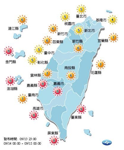 今日紫外線概況。(圖擷自中央氣象局)