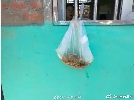 女童將飯菜裝進塑膠袋中。（圖擷取自中國青年報微博）