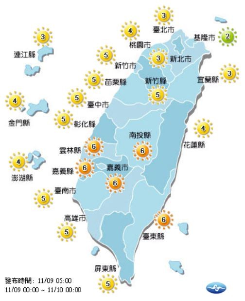 今日各地紫外線指數預報概況。(圖擷取自中央氣象局)