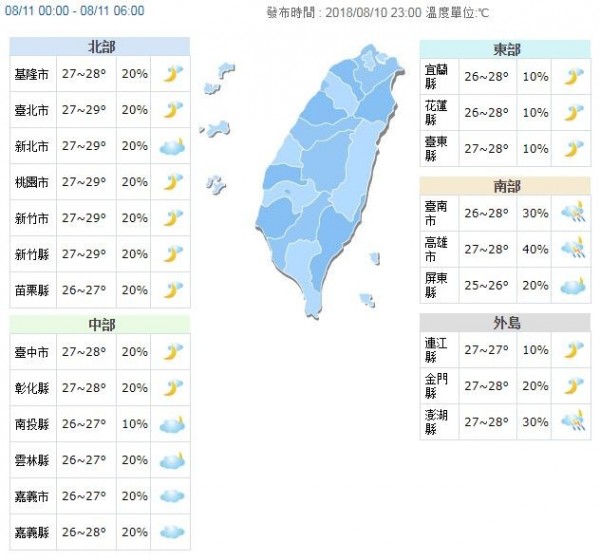 今日各地天氣預報概況。(圖擷取自中央氣象局)
