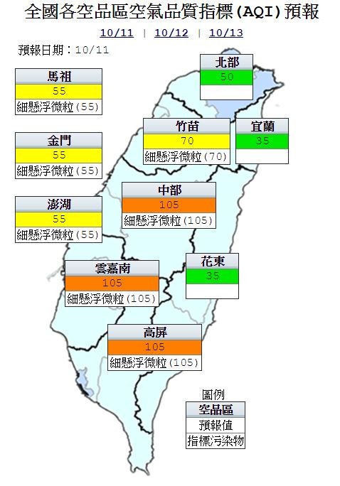 空氣品質方面，明日中部、雲嘉南及高屏地區為橘色提醒（對敏感族群不健康）。（圖擷自行政院環保署官網） 