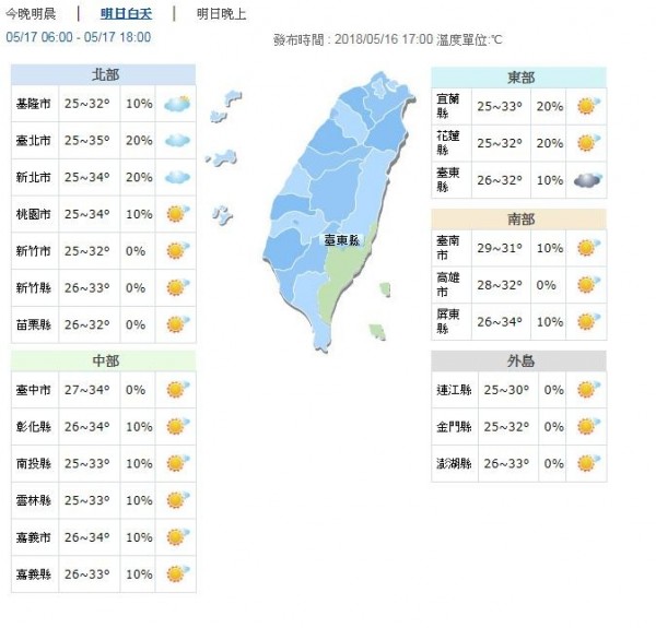 明天白天晴朗炎熱，東半部高溫約32、33度，西半部高溫約31至35度。（圖擷取自中央氣象局）