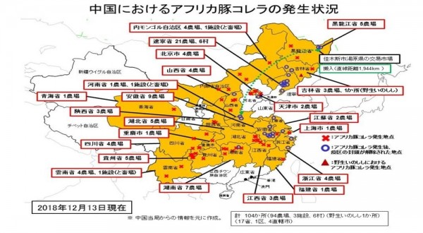 日本農林水產省製作「中國豬瘟疫情發生狀況圖」，並且沒有把台灣劃入中國境內。（圖擷取自農林水產省官網）