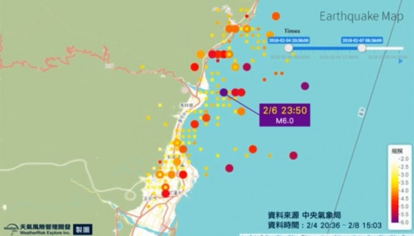 2月6日晚間11點50分規模6.0地震後，餘震震央逐漸南移到靠近花蓮市區。（翻攝自臉書「天氣風險」）