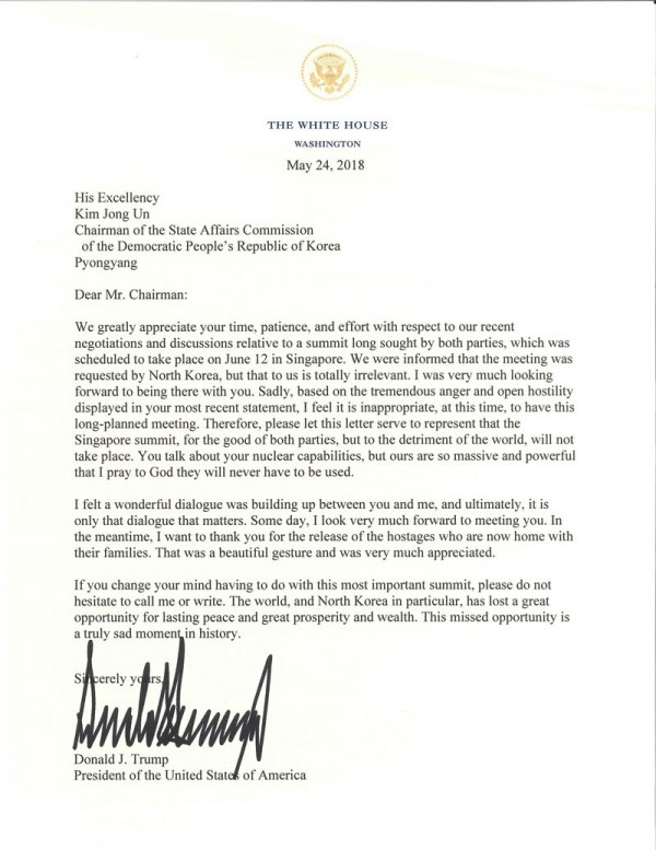 美國總統川普宣布取消原定6月12日在新加坡舉行的「川金會」。（圖取自推特）