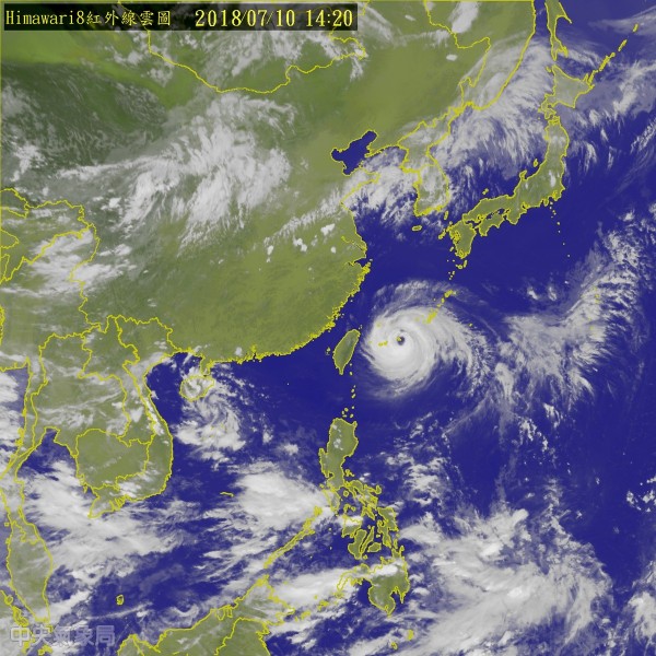 強颱瑪莉亞來襲,中心目前距宜蘭約370公里,北部地區也開始有間歇性風雨。(中央氣象局)