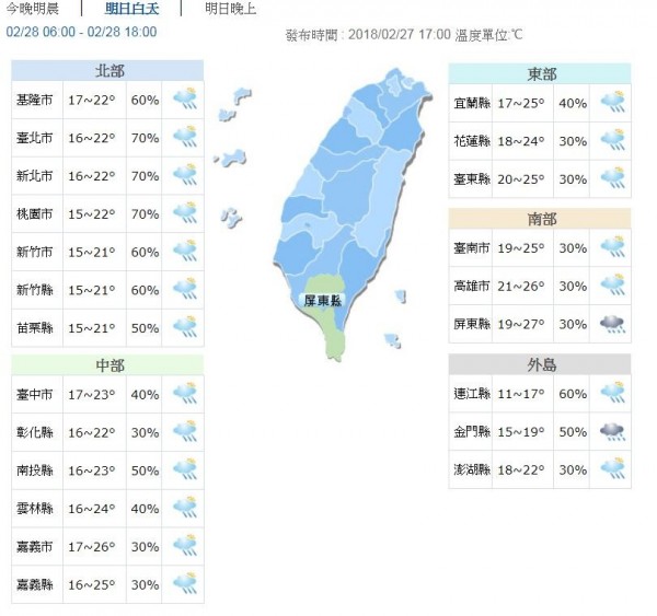 明天清晨中部以北、東北部低溫約15到17度,南部、花東約19到21度。(圖擷自中央氣象局)