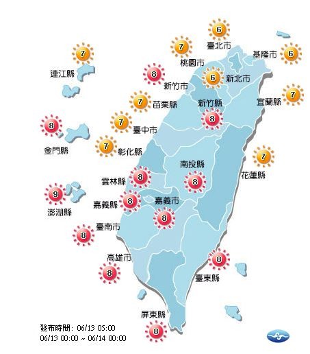 今日各地紫外線預報概況。(圖擷取自中央氣象局)