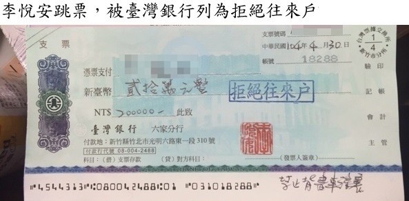 債權人在網路上張貼遭張智凱妻子跳票的票據。（取材自網路）