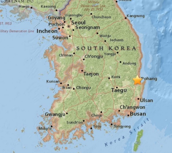 南韓浦項4.6地震，全國多處有感。（圖擷自美國地質調查局網頁）