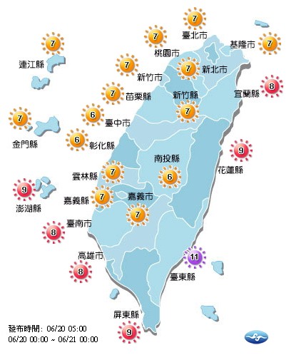 今天各地紫外線多為高量級至過量級。(取自氣象局網站)