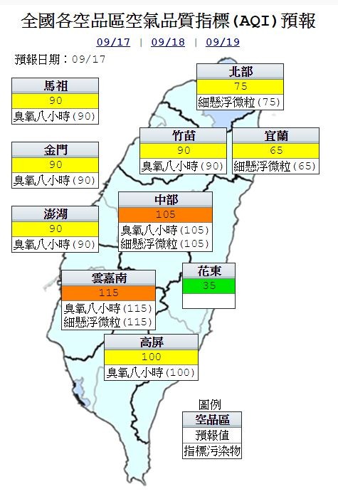 今天中部及雲嘉南地區為橘色提醒(對敏感民眾不健康),午後臭氧濃度偏高。其他地區為普通至良好等級。(圖擷自環保署)