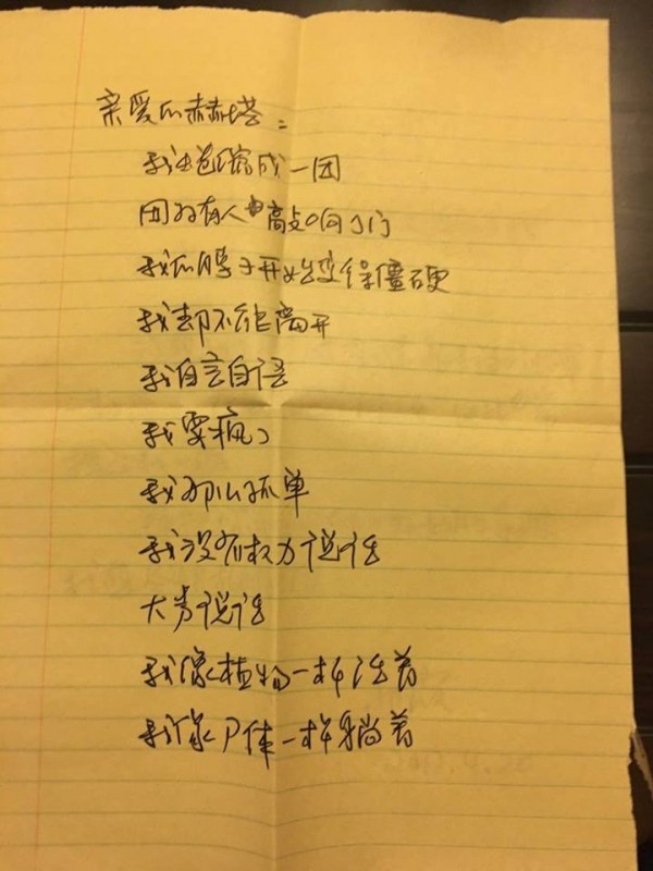 劉霞寫給赫塔米勒的親筆信。（圖片取自Yiwu Liao臉書）