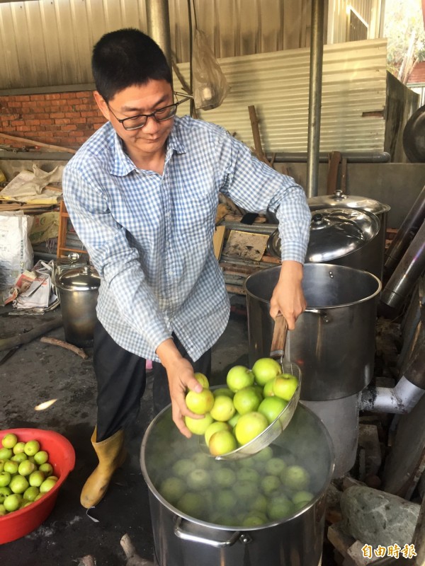 陳聖明將表皮受損的棗子熬煮，準備製成果乾。（記者羅欣貞攝）