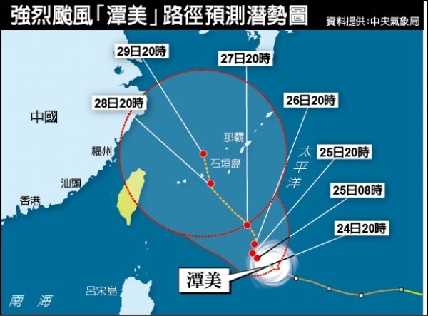 強烈颱風潭美路徑預測潛勢圖。（本報製圖）