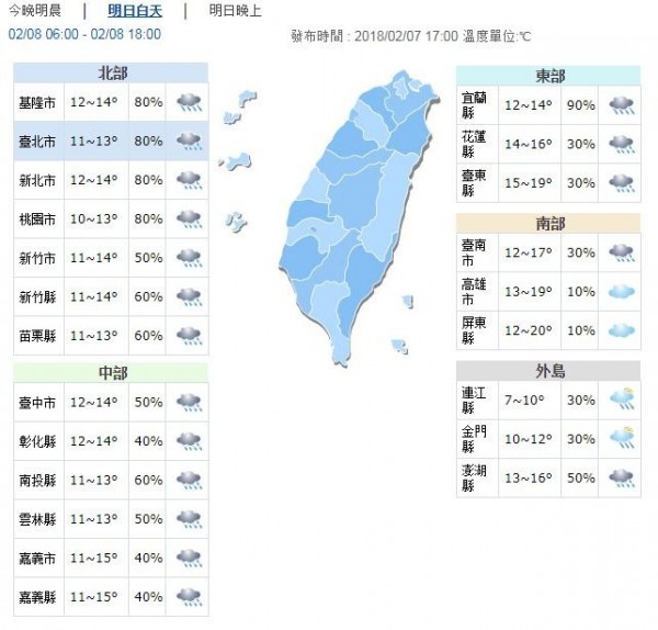 明日寒流雖減弱，北台灣高溫與今日類似，其他地區也僅略為回溫。（圖擷自中央氣象局）