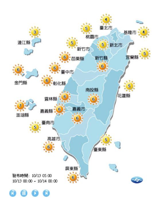 今天全台紫外線為中量級與高量級。(圖取自氣象局)