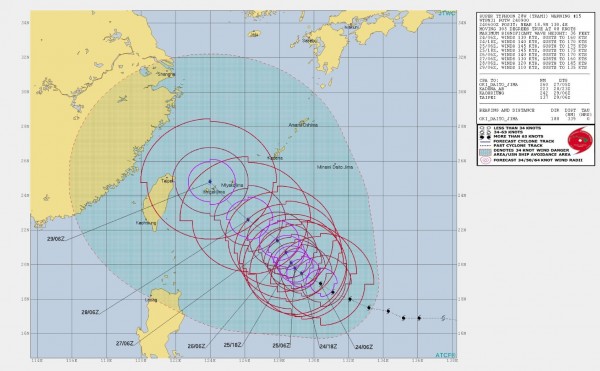 美軍聯合颱風警報中心推估未來潭美颱風的路徑。（圖擷取自JTWC）