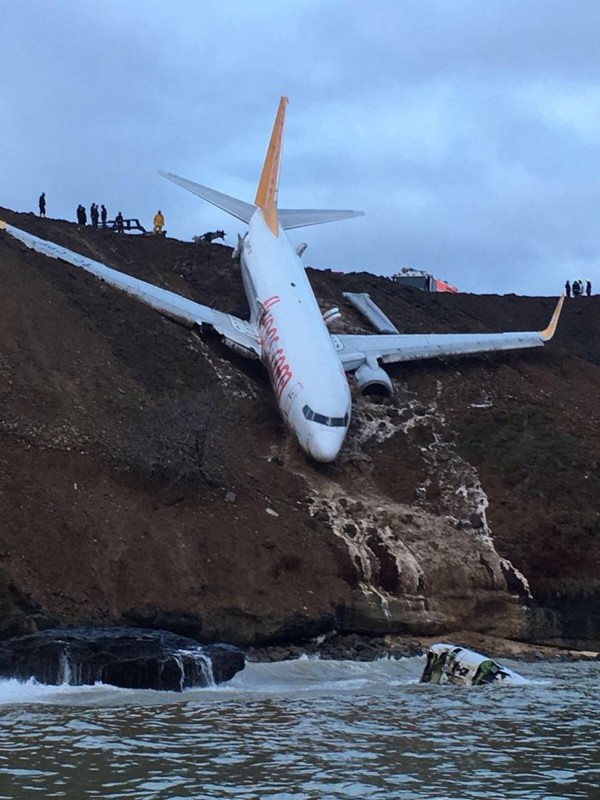 土耳其飛馬航空(Pegasus Airlines)一架客機在當地時間13日晚間降落時,疑打滑失控衝出跑道,飛機掛在懸崖邊險些栽入黑海。(歐新社)