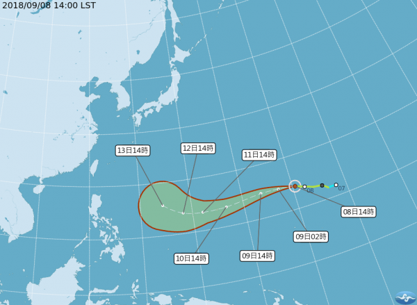 第22號輕度颱風「山竹」目前距離台灣仍相當遙遠（約4000公里），短期內對台灣應不會造成影響。（圖擷取自中央氣象局）