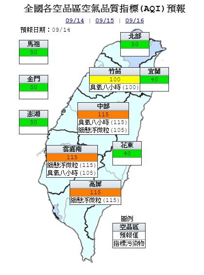 空氣品質方面，據行政院環保署預測，14日中部、雲嘉南及高屏空品區為「橘色提醒」；竹苗空品區為「普通」等級；北部、宜蘭、花東空品區、馬祖、金門及澎湖為「良好」等級。（圖擷取自環保署網站）