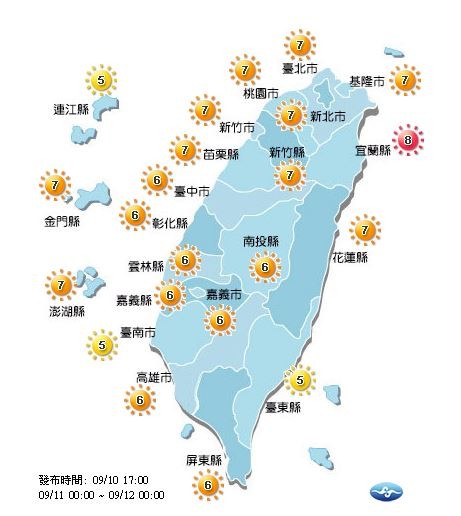 明日各地多達高量級,台東、台南及連江地區達中量級,僅宜蘭地區達過量級,提醒民眾記得防曬,多補充水分。(圖擷取自中央氣象局)