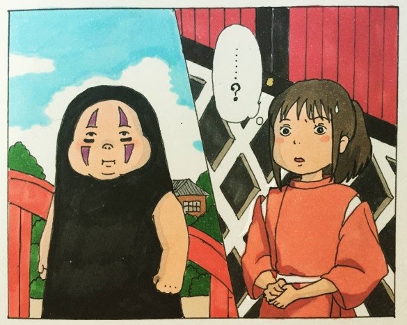 日本插畫家momonga亂入宮崎駿動畫,<font color=#FF0088>無臉男長這樣的話,千尋也傻眼了吧...</font>(圖擷取自momonga)