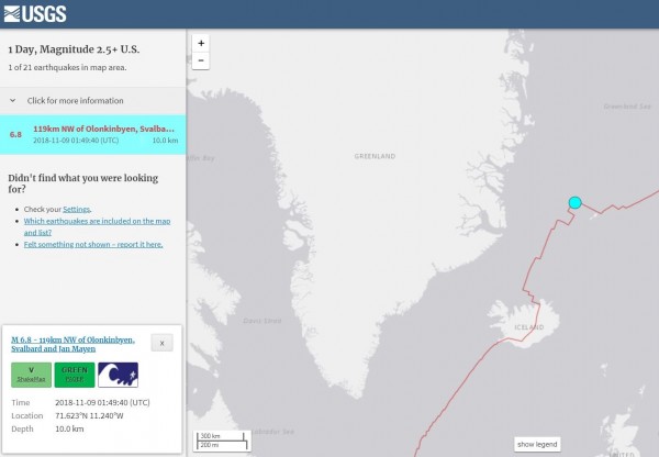 格陵蘭外海剛剛發生芮氏規模6.8極淺層強震。(擷取自USGS)