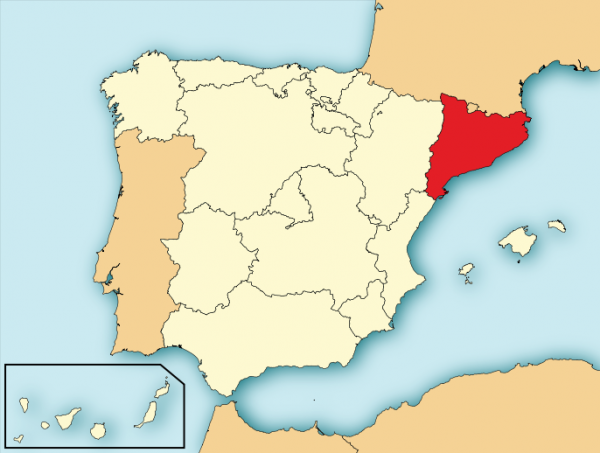 加泰隆尼亞（紅色部分）在西班牙的位置。（圖擷取自維基百科）