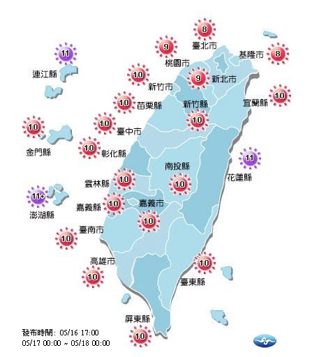 明天全台各地紫外線都達到過量、危險等級，提醒民眾補充水分、防曬。（圖擷取自中央氣象局）