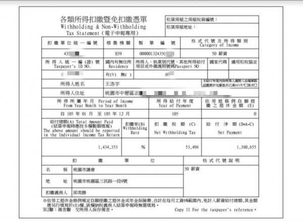 不滿被反年改軍公教指稱年薪高達500萬，王浩宇在臉書公開扣繳憑單，指出他去年年收入為138萬元。（圖擷自王浩宇臉書）