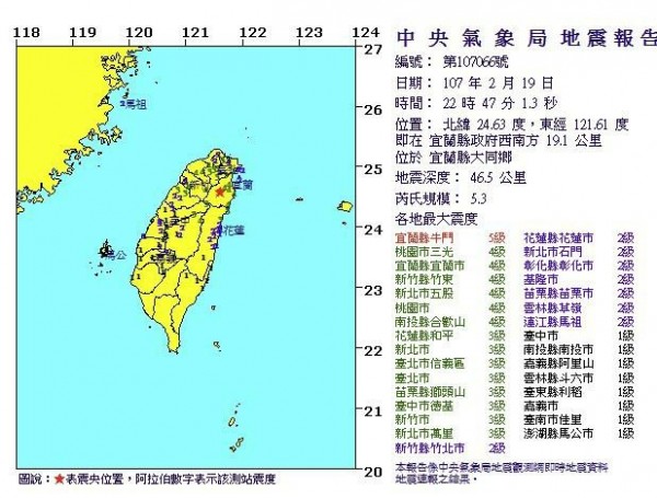 今天22時47分發生有感地震，震央位於宜蘭縣大同鄉。（圖取自氣象局）