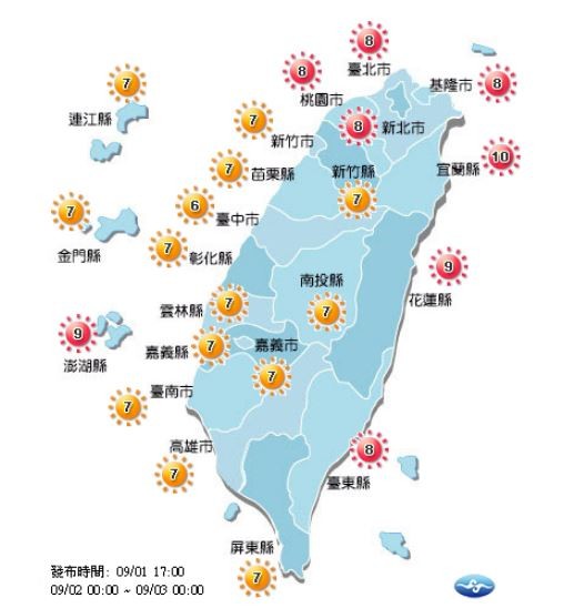 紫外線方面，明天基隆市、台北市、新北市、宜蘭縣、花蓮縣、台東縣、澎湖縣達過量級，民眾外出記得防曬。（圖擷自中央氣象局）