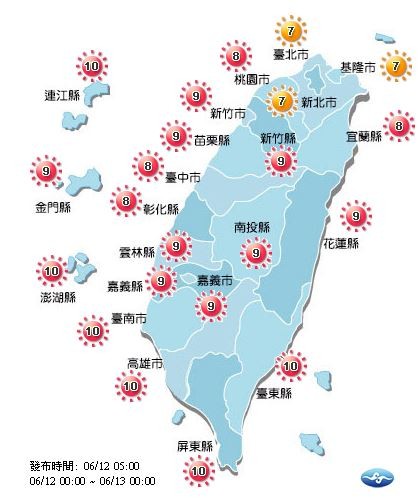 今日各地紫外線預報概況。(圖擷取自中央氣象局)