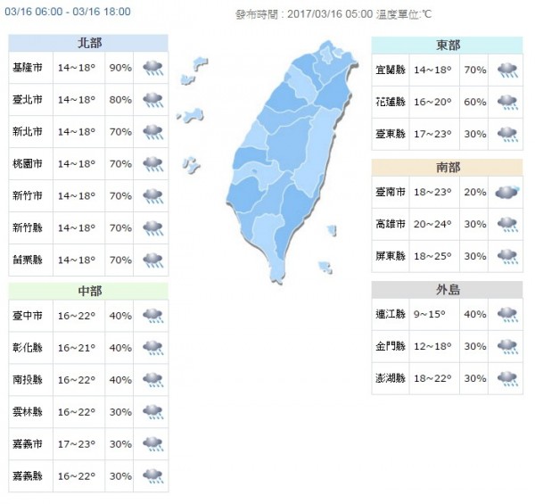 今日天氣預報。(取自氣象局網站)